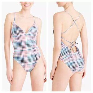 J. Crew Gingham Plaid Lace Up One Piece Swimsuit Size L In Multicolor EUC
